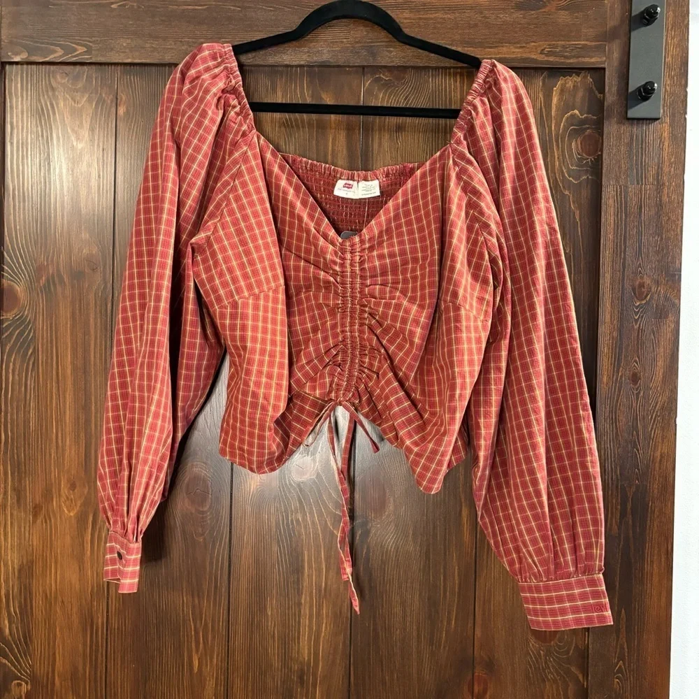 LEVI'S Trendy Plus Size Devin Cotton Red Plaid Ruched Balloon-Sleeve Top NWT - Picture 3 of 6